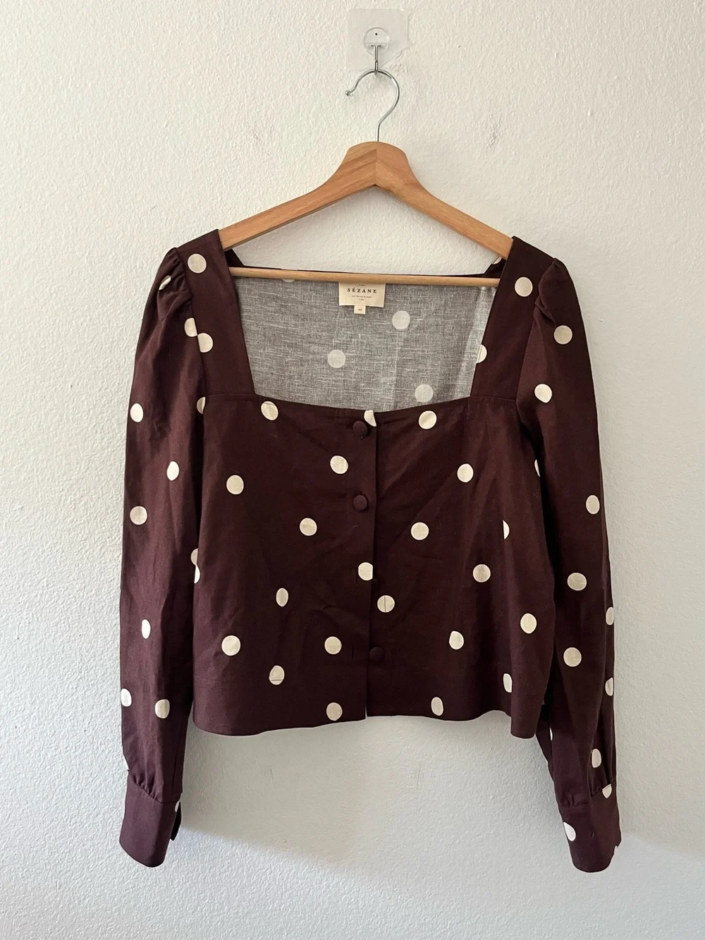 SÉZANE Lorenza Brown Polka Dot Cotton-Linen Top Size 40 US 8 - Picture 4 of 7